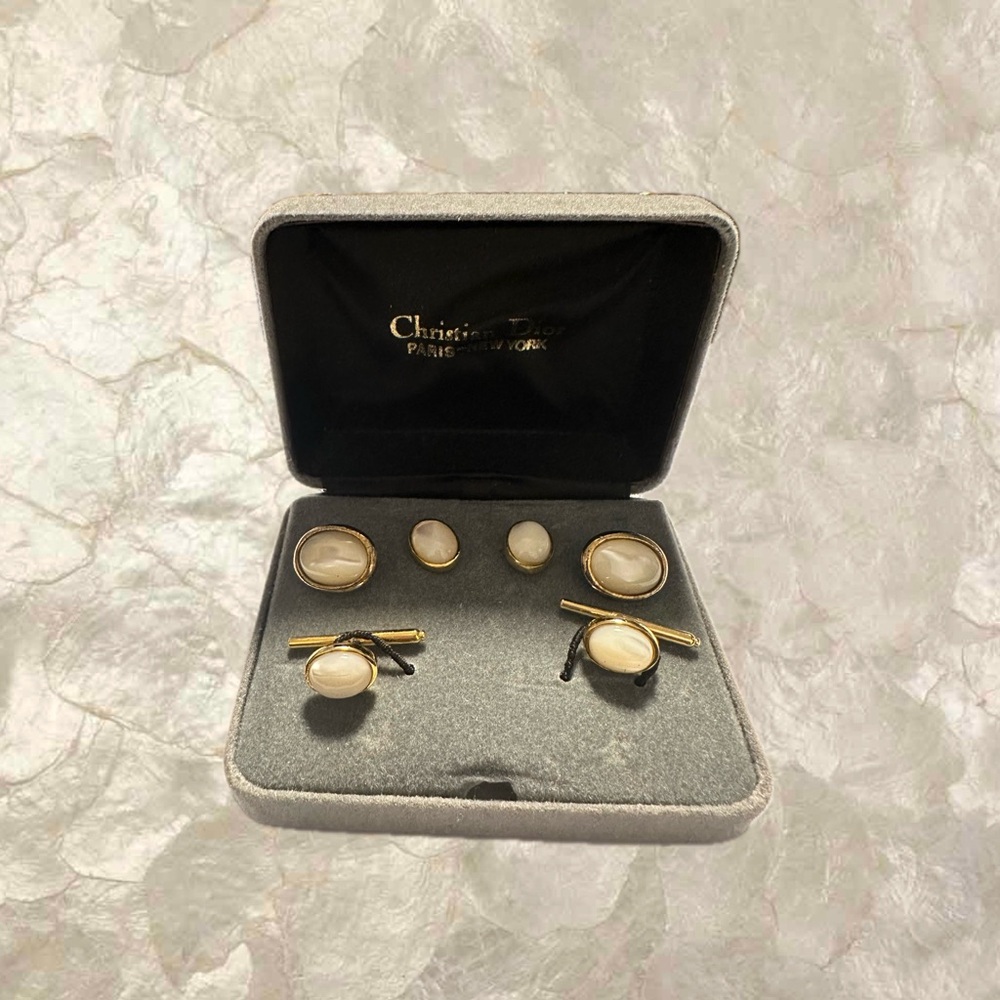 Christian Dior 1960’s Gold Plated Mother of Pearl Cufflink Tuxedo stud set